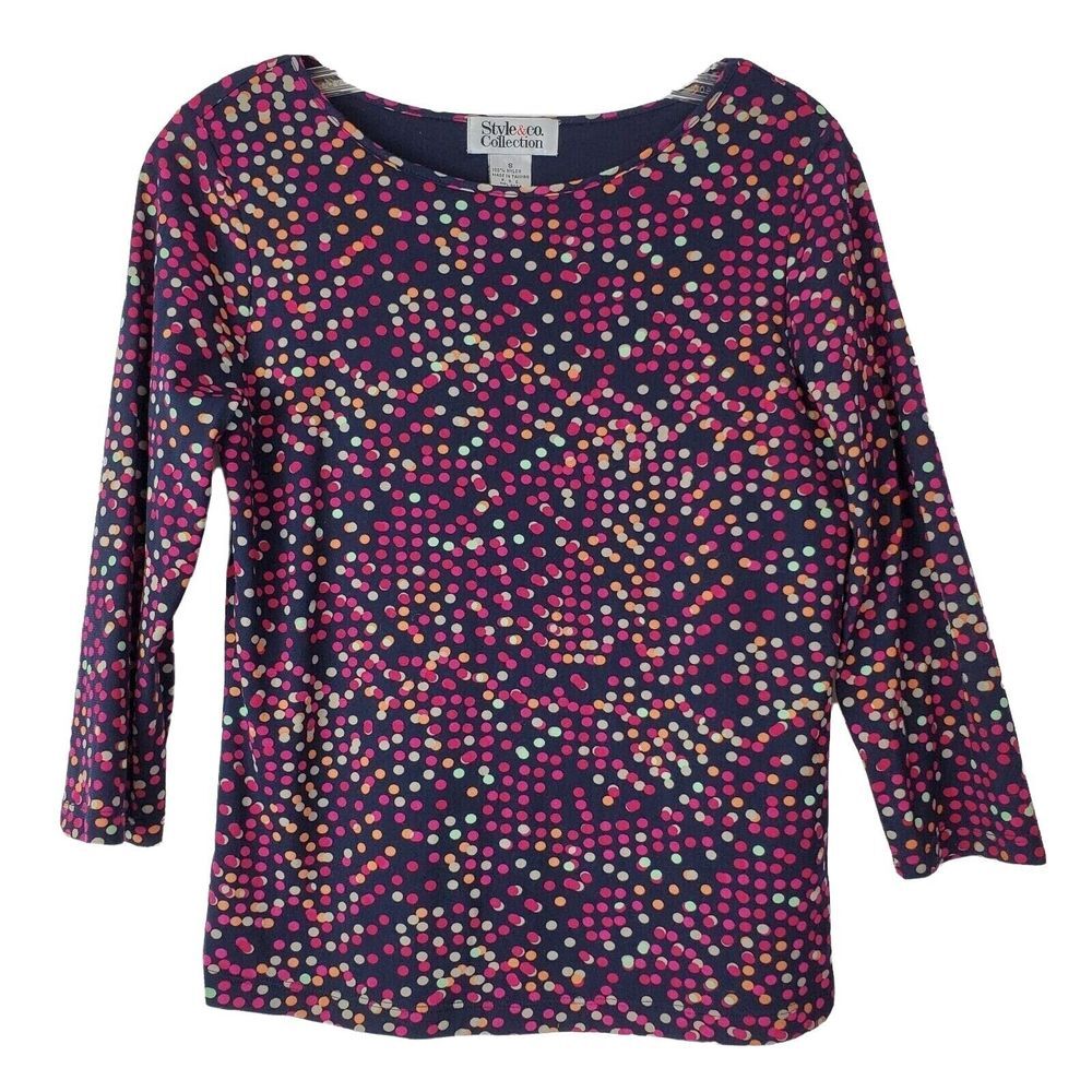 Style & Co Women's Polka Dot Blouse LS Workwear Blue Red Size Small